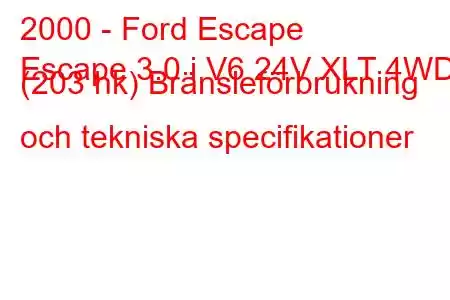 2000 - Ford Escape
Escape 3.0 i V6 24V XLT 4WD (203 hk) Bränsleförbrukning och tekniska specifikationer