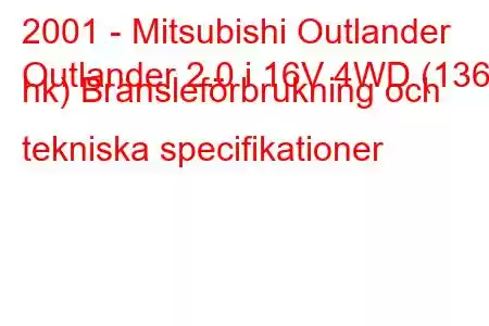 2001 - Mitsubishi Outlander
Outlander 2.0 i 16V 4WD (136 hk) Bränsleförbrukning och tekniska specifikationer