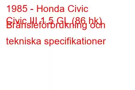 1985 - Honda Civic
Civic III 1.5 GL (86 hk) Bränsleförbrukning och tekniska specifikationer