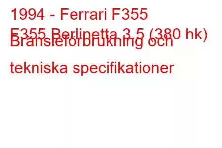 1994 - Ferrari F355
F355 Berlinetta 3.5 (380 hk) Bränsleförbrukning och tekniska specifikationer