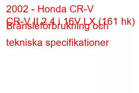 2002 - Honda CR-V
CR-V II 2.4 i 16V LX (161 hk) Bränsleförbrukning och tekniska specifikationer