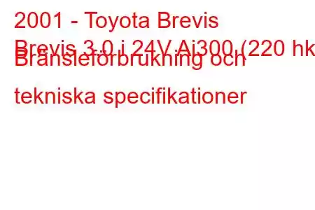 2001 - Toyota Brevis
Brevis 3.0 i 24V Ai300 (220 hk) Bränsleförbrukning och tekniska specifikationer