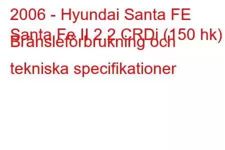 2006 - Hyundai Santa FE
Santa Fe II 2.2 CRDi (150 hk) Bränsleförbrukning och tekniska specifikationer