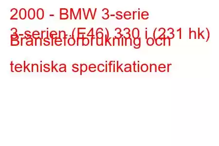 2000 - BMW 3-serie
3-serien (E46) 330 i (231 hk) Bränsleförbrukning och tekniska specifikationer