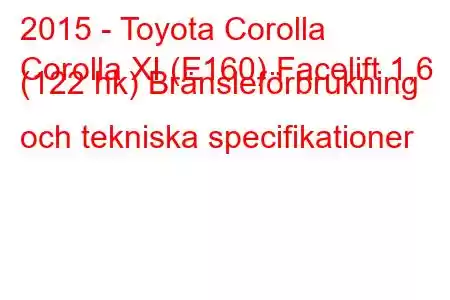 2015 - Toyota Corolla
Corolla XI (E160) Facelift 1,6 (122 hk) Bränsleförbrukning och tekniska specifikationer