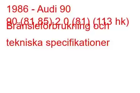 1986 - Audi 90
90 (81,85) 2,0 (81) (113 hk) Bränsleförbrukning och tekniska specifikationer