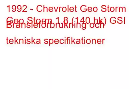 1992 - Chevrolet Geo Storm
Geo Storm 1.8 (140 hk) GSI Bränsleförbrukning och tekniska specifikationer