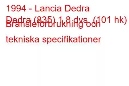 1994 - Lancia Dedra
Dedra (835) 1,8 dvs. (101 hk) Bränsleförbrukning och tekniska specifikationer