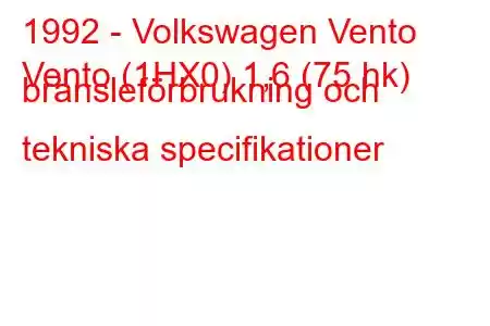 1992 - Volkswagen Vento
Vento (1HX0) 1,6 (75 hk) bränsleförbrukning och tekniska specifikationer