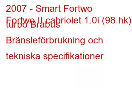 2007 - Smart Fortwo
Fortwo II cabriolet 1.0i (98 hk) turbo Brabus Bränsleförbrukning och tekniska specifikationer