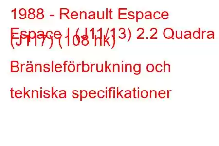 1988 - Renault Espace
Espace I (J11/13) 2.2 Quadra (J117) (108 hk) Bränsleförbrukning och tekniska specifikationer