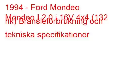 1994 - Ford Mondeo
Mondeo I 2.0 i 16V 4x4 (132 hk) Bränsleförbrukning och tekniska specifikationer