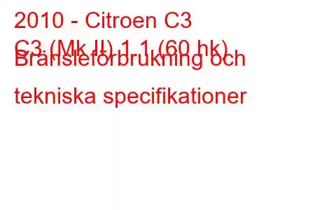 2010 - Citroen C3
C3 (Mk II) 1.1 (60 hk) Bränsleförbrukning och tekniska specifikationer