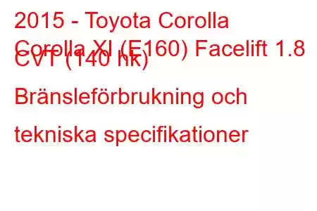 2015 - Toyota Corolla
Corolla XI (E160) Facelift 1.8 CVT (140 hk) Bränsleförbrukning och tekniska specifikationer