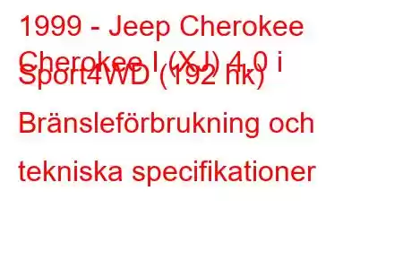 1999 - Jeep Cherokee
Cherokee I (XJ) 4.0 i Sport4WD (192 hk) Bränsleförbrukning och tekniska specifikationer