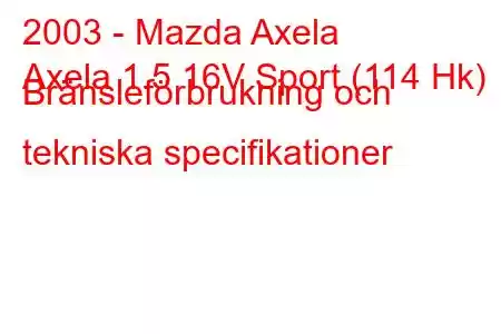 2003 - Mazda Axela
Axela 1.5 16V Sport (114 Hk) Bränsleförbrukning och tekniska specifikationer