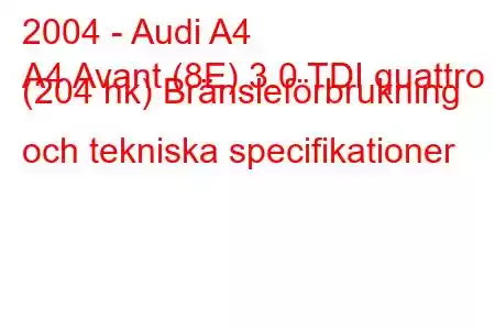 2004 - Audi A4
A4 Avant (8E) 3.0 TDI quattro (204 hk) Bränsleförbrukning och tekniska specifikationer