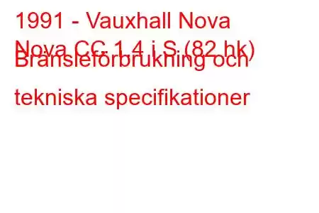 1991 - Vauxhall Nova
Nova CC 1.4 i S (82 hk) Bränsleförbrukning och tekniska specifikationer