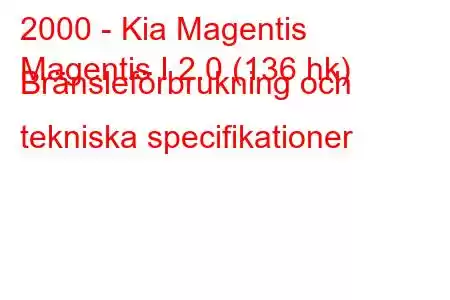 2000 - Kia Magentis
Magentis I 2.0 (136 hk) Bränsleförbrukning och tekniska specifikationer