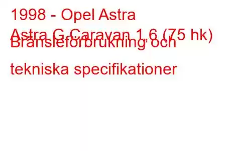 1998 - Opel Astra
Astra G Caravan 1,6 (75 hk) Bränsleförbrukning och tekniska specifikationer