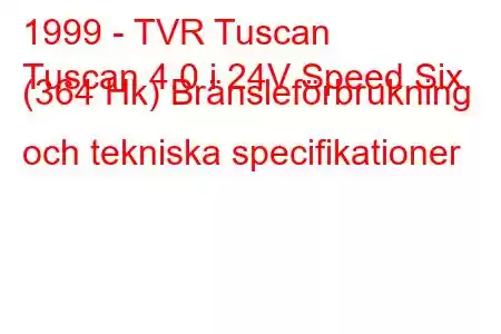 1999 - TVR Tuscan
Tuscan 4.0 i 24V Speed ​​​​Six (364 Hk) Bränsleförbrukning och tekniska specifikationer