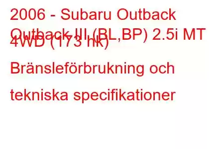 2006 - Subaru Outback
Outback III (BL,BP) 2.5i MT 4WD (173 hk) Bränsleförbrukning och tekniska specifikationer