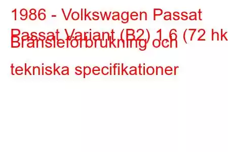 1986 - Volkswagen Passat
Passat Variant (B2) 1,6 (72 hk) Bränsleförbrukning och tekniska specifikationer