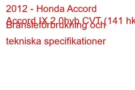 2012 - Honda Accord
Accord IX 2.0hyb CVT (141 hk) Bränsleförbrukning och tekniska specifikationer