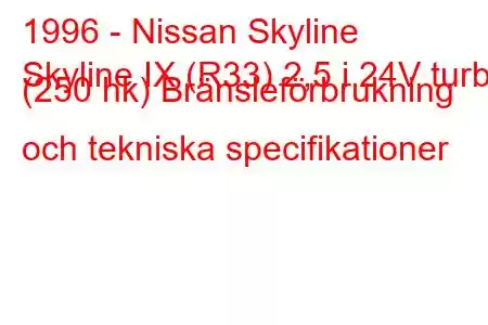 1996 - Nissan Skyline
Skyline IX (R33) 2,5 i 24V turbo (250 hk) Bränsleförbrukning och tekniska specifikationer