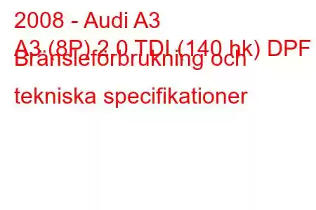 2008 - Audi A3
A3 (8P) 2.0 TDI (140 hk) DPF Bränsleförbrukning och tekniska specifikationer