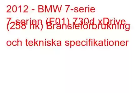 2012 - BMW 7-serie
7-serien (F01) 730d xDrive (258 hk) Bränsleförbrukning och tekniska specifikationer