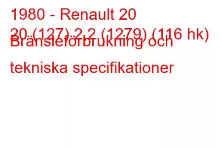 1980 - Renault 20
20 (127) 2,2 (1279) (116 hk) Bränsleförbrukning och tekniska specifikationer