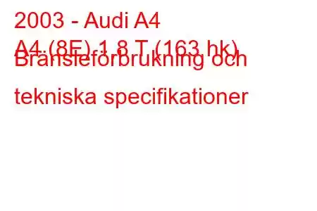 2003 - Audi A4
A4 (8E) 1,8 T (163 hk) Bränsleförbrukning och tekniska specifikationer