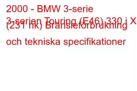 2000 - BMW 3-serie
3-serien Touring (E46) 330 i X (231 hk) Bränsleförbrukning och tekniska specifikationer