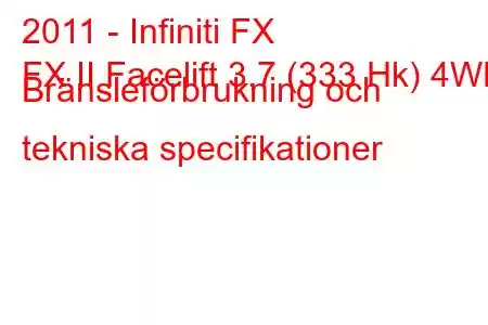 2011 - Infiniti FX
FX II Facelift 3.7 (333 Hk) 4WD Bränsleförbrukning och tekniska specifikationer