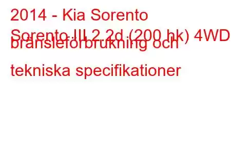 2014 - Kia Sorento
Sorento III 2.2d (200 hk) 4WD bränsleförbrukning och tekniska specifikationer