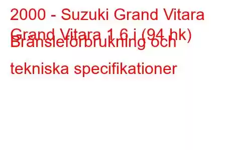 2000 - Suzuki Grand Vitara
Grand Vitara 1,6 i (94 hk) Bränsleförbrukning och tekniska specifikationer