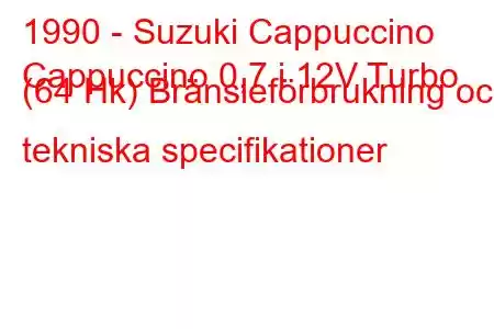 1990 - Suzuki Cappuccino
Cappuccino 0,7 i 12V Turbo (64 Hk) Bränsleförbrukning och tekniska specifikationer