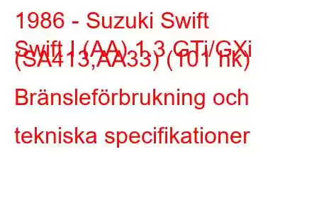 1986 - Suzuki Swift
Swift I (AA) 1.3 GTi/GXi (SA413,AA33) (101 hk) Bränsleförbrukning och tekniska specifikationer