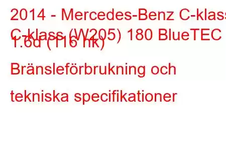 2014 - Mercedes-Benz C-klass
C-klass (W205) 180 BlueTEC 1.6d (116 hk) Bränsleförbrukning och tekniska specifikationer