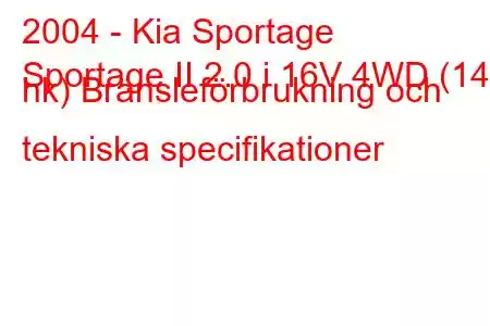 2004 - Kia Sportage
Sportage II 2.0 i 16V 4WD (142 hk) Bränsleförbrukning och tekniska specifikationer