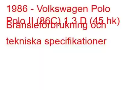 1986 - Volkswagen Polo
Polo II (86C) 1,3 D (45 hk) Bränsleförbrukning och tekniska specifikationer