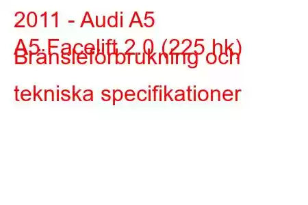 2011 - Audi A5
A5 Facelift 2.0 (225 hk) Bränsleförbrukning och tekniska specifikationer