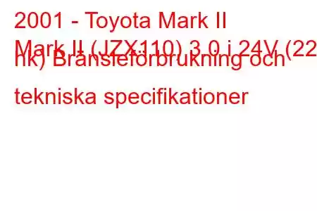 2001 - Toyota Mark II
Mark II (JZX110) 3.0 i 24V (220 hk) Bränsleförbrukning och tekniska specifikationer