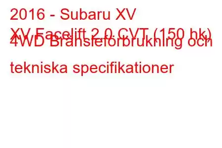 2016 - Subaru XV
XV Facelift 2.0 CVT (150 hk) 4WD Bränsleförbrukning och tekniska specifikationer