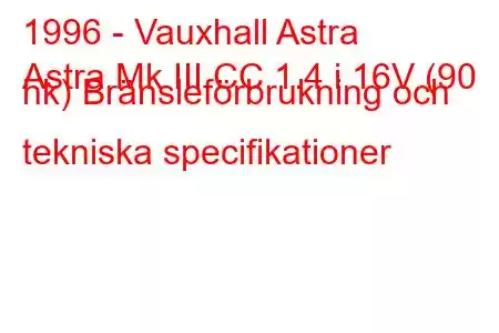 1996 - Vauxhall Astra
Astra Mk III CC 1.4 i 16V (90 hk) Bränsleförbrukning och tekniska specifikationer