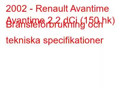 2002 - Renault Avantime
Avantime 2.2 dCi (150 hk) Bränsleförbrukning och tekniska specifikationer