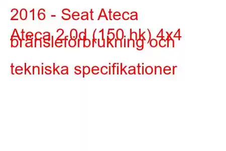 2016 - Seat Ateca
Ateca 2.0d (150 hk) 4x4 bränsleförbrukning och tekniska specifikationer