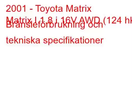 2001 - Toyota Matrix
Matrix I 1.8 i 16V AWD (124 hk) Bränsleförbrukning och tekniska specifikationer