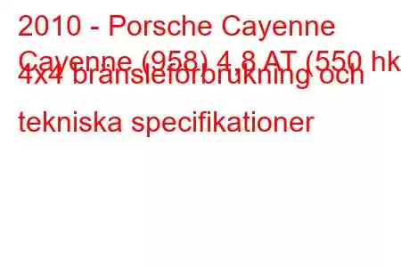 2010 - Porsche Cayenne
Cayenne (958) 4,8 AT (550 hk) 4x4 bränsleförbrukning och tekniska specifikationer